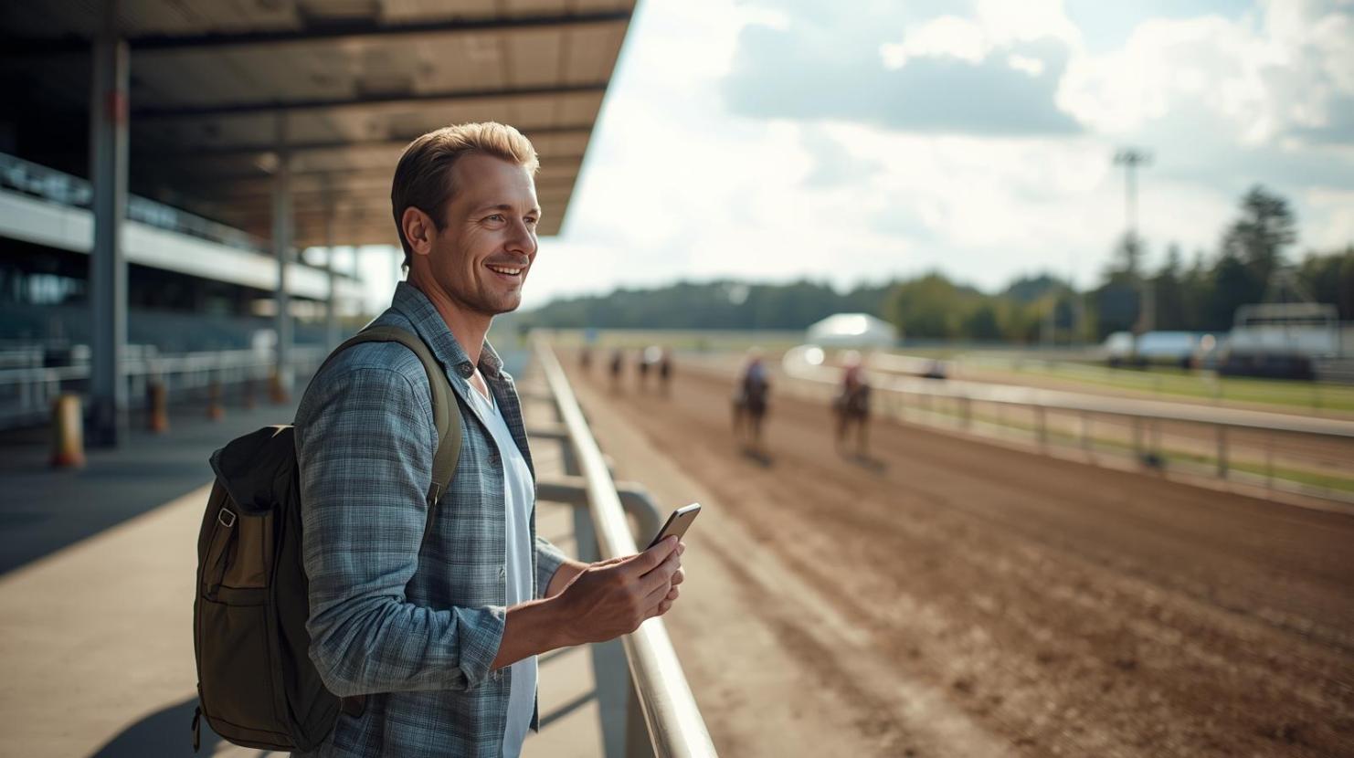 Spectator enjoying a sunny horse racing event with modern technology subtly present.