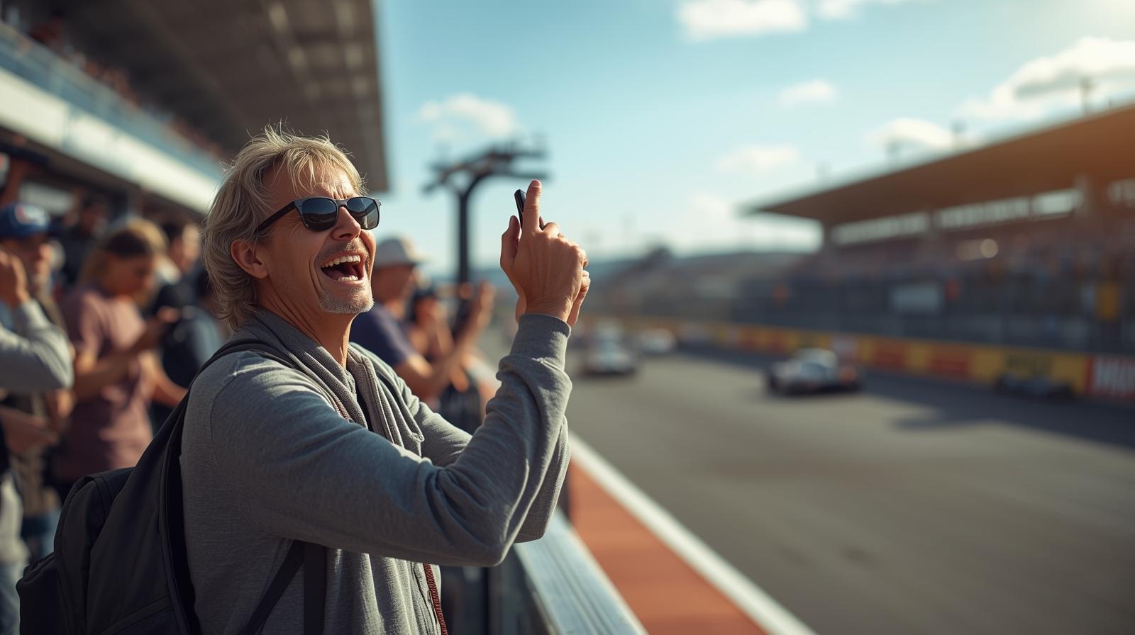 Smiling motorsport fan watching high-speed race cars on track under bright daylight.