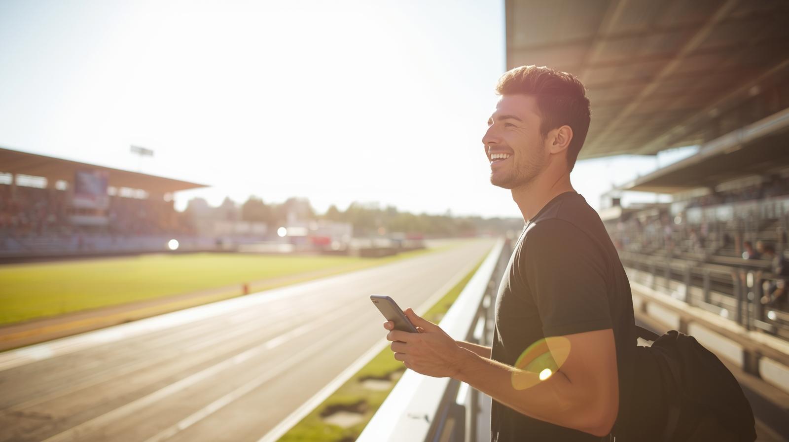 Smiling person near race track holding device at sunny stadium event.