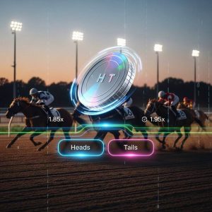 A dynamic scene showing a digital coin flip interface blended with a horse racing track in the background, neon lights, modern UI elements, and a sense of fast-paced betting excitement