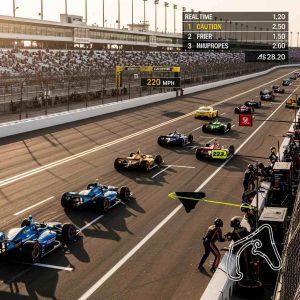 High-speed IndyCar race on an oval track, cars drafting closely, pit crew action, caution flag moment, and digital betting odds overlay with speed graphics.
